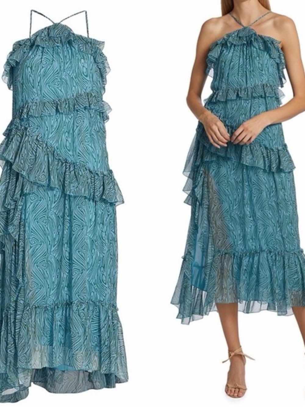 cinq a sept Teal One-Shoulder Ruffle Midi Dress